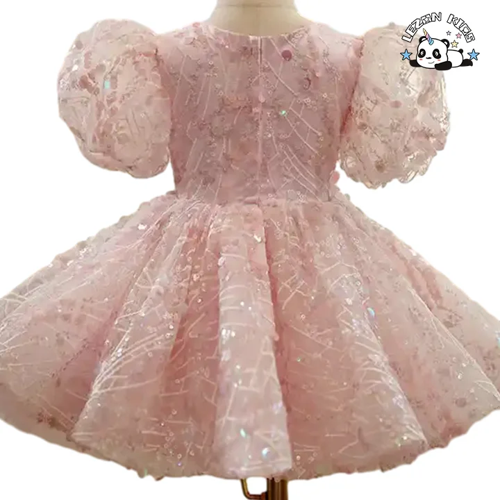 LEZONKIDS - Customizable Pink Princess Pattern Girl Dress Puff Sleeves Tulle Bow Ruffle Decorations Girl Dress